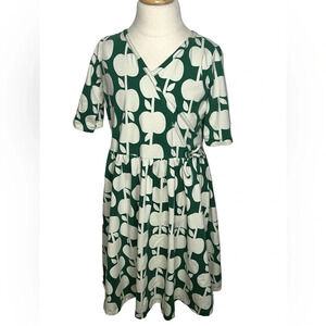 Hanna Andersson girls white green apple print faux wrap dress sz 140 10